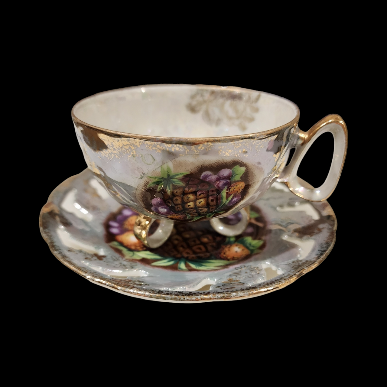 Royal Halsey Pierced Fruits Gold Flowers Trim Footed Cup & Saucer Set