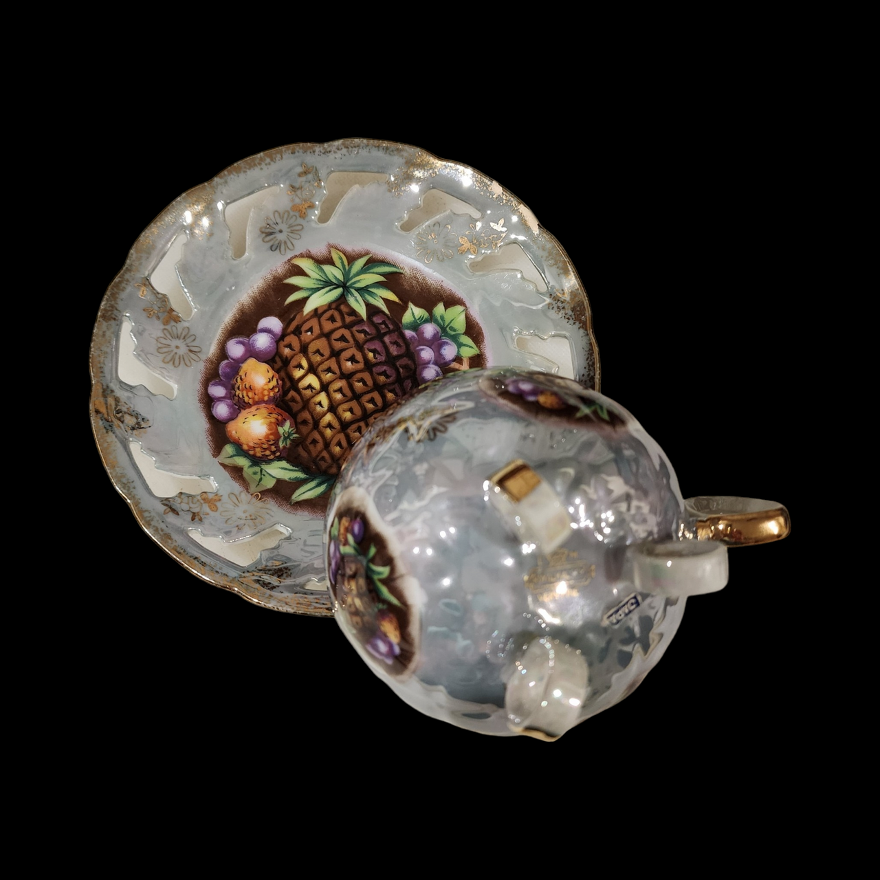 Royal Halsey Pierced Fruits Gold Flowers Trim Footed Cup & Saucer Set