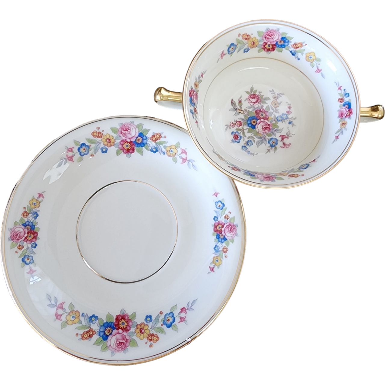 Royal Ivory Queens Rose Gold Scroll Footed Cream Soup Bowl & Saucer Set