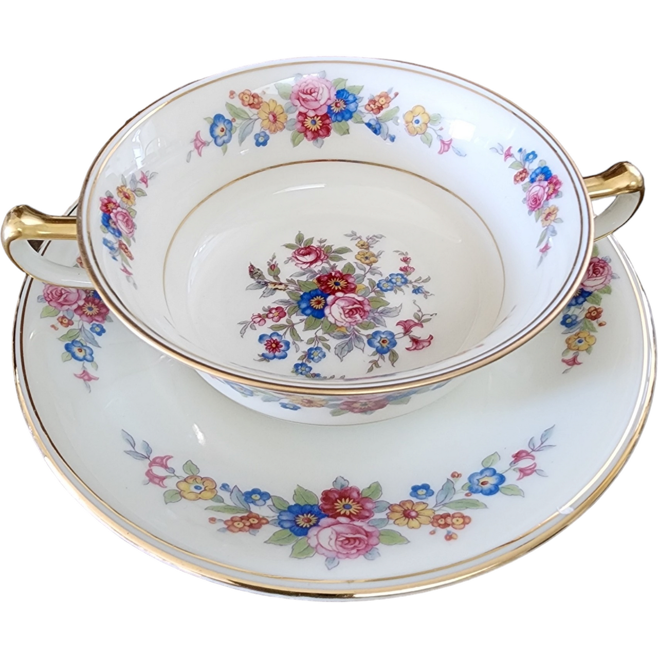 Royal Ivory Queens Rose Gold Scroll Footed Cream Soup Bowl & Saucer Set