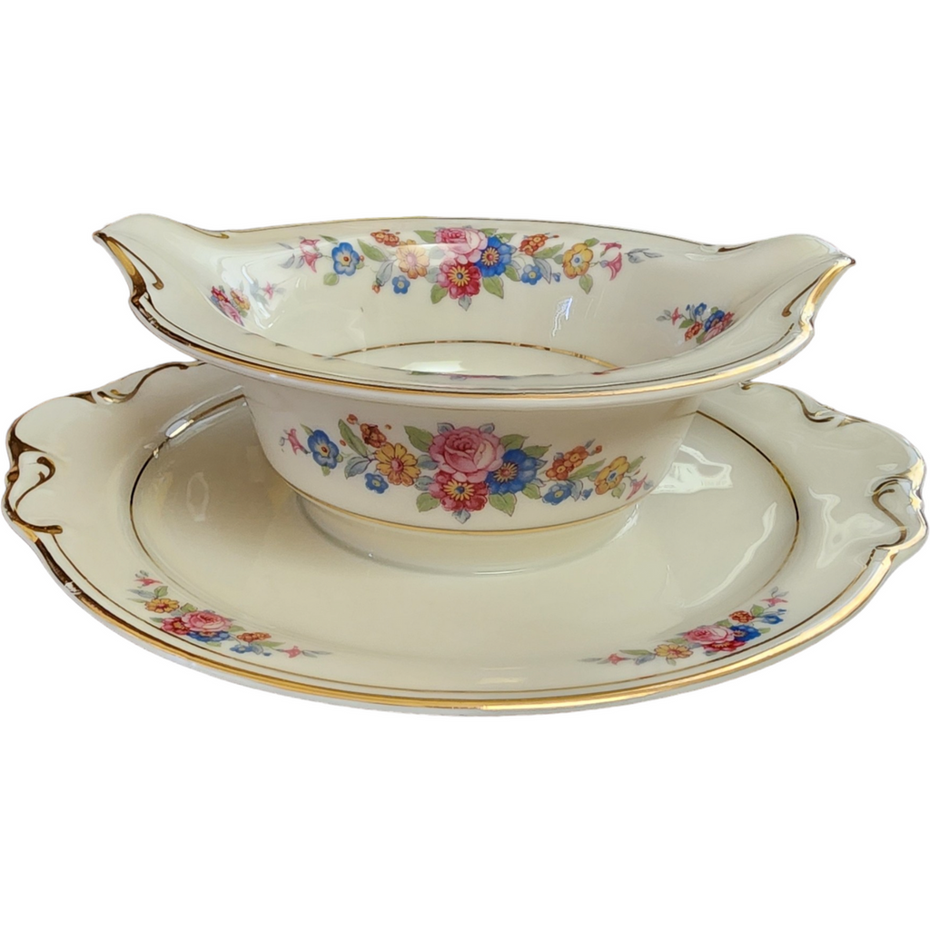 Royal Ivory Queens Rose Gold Scroll Gravy Boat with Attached Underplate