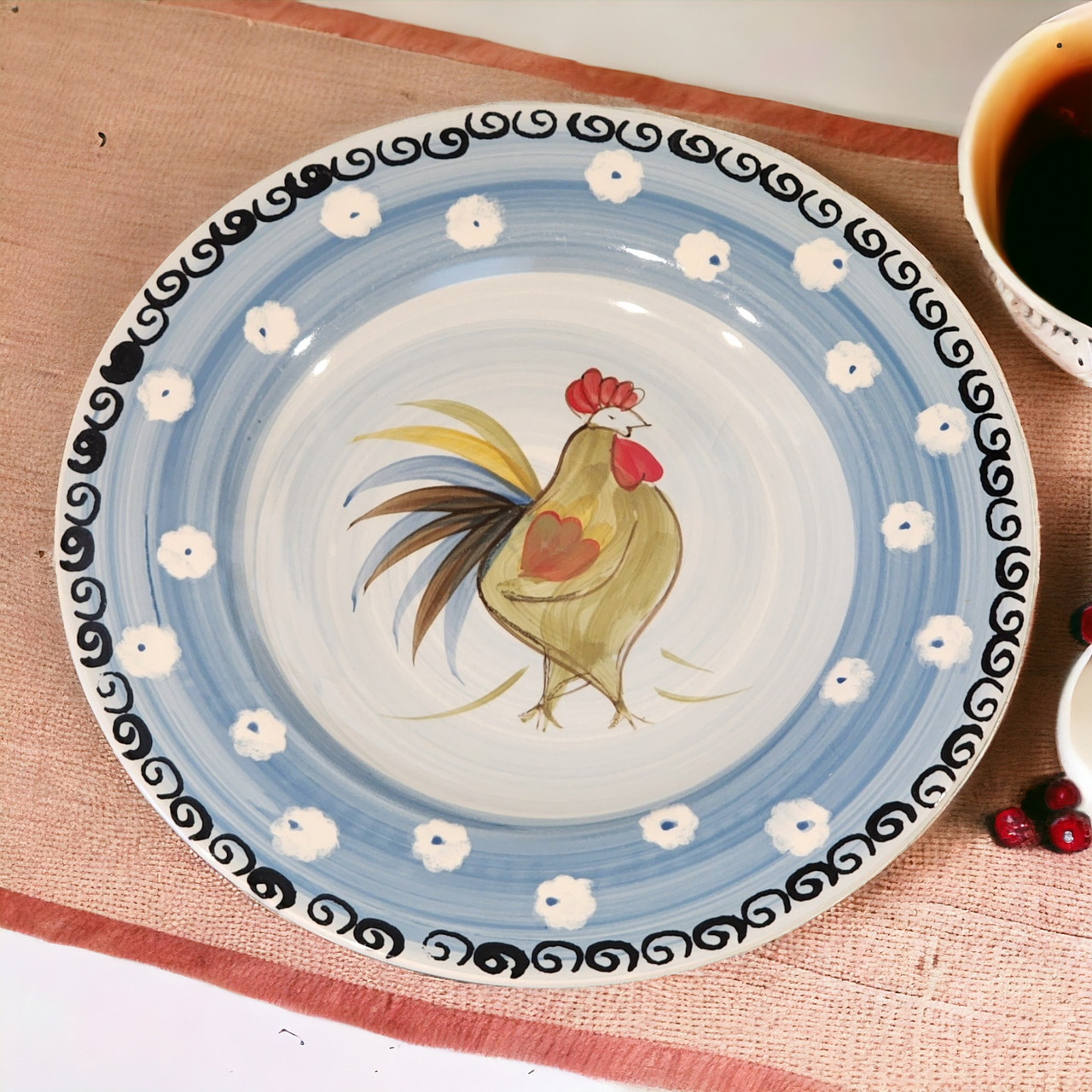 Royal Norfolk Blue Band White Dot Rooster Center Large Dinner Plate