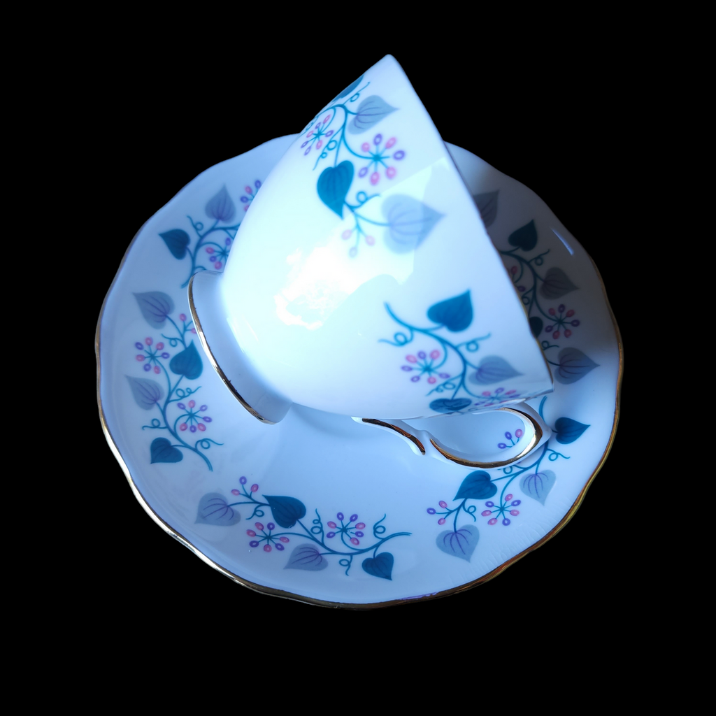Royal Vale Teal Leaves Pink Berries Gold Trim Teacup & Saucer Set