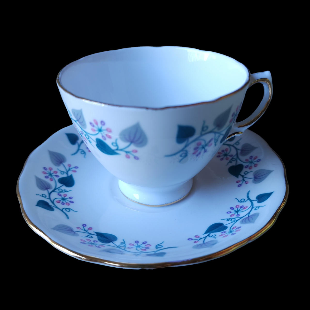 Royal Vale Teal Leaves Pink Berries Gold Trim Teacup & Saucer Set