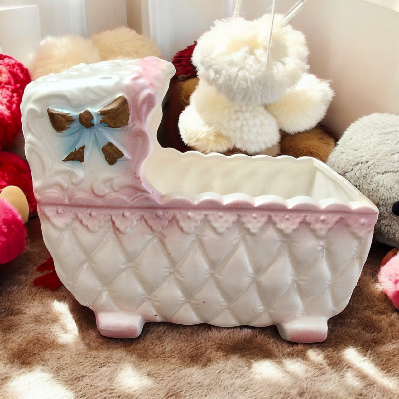 Rubens Originals Hand Painted Ceramic Baby Cradle Planter or Vase Japan