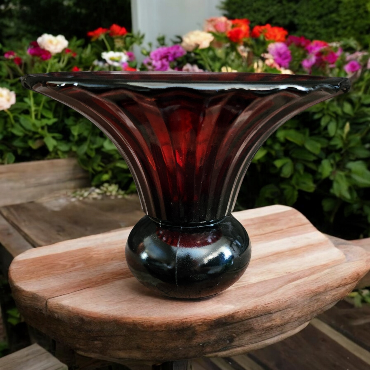 Ruby Red Glass Vase with a Ribbed Pattern