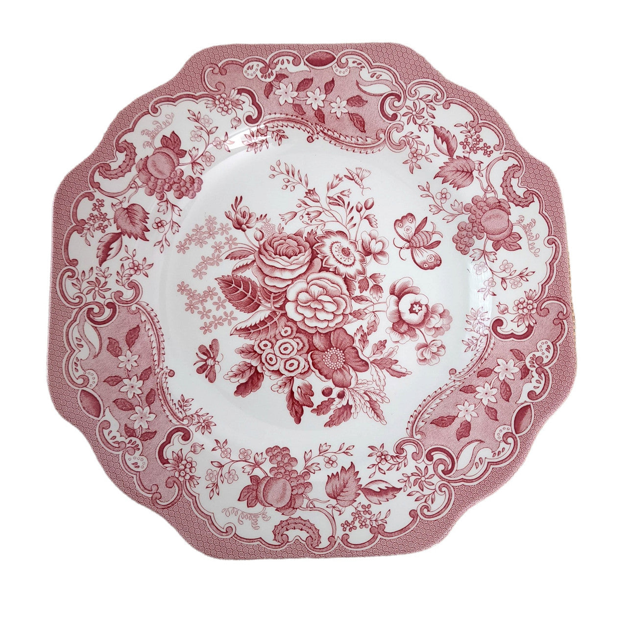 SPODE Garden Collection Cranberry and White Blue Rose Buffet,Dessert Scalloped Plate