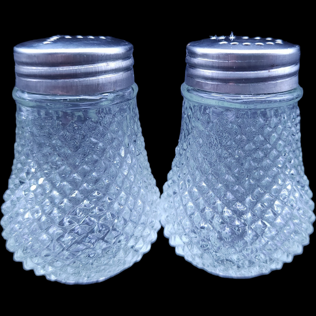 Vintage Diamond Point Optic Clear Glass Salt & Pepper Shakers Japan