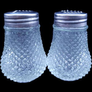 Vintage Diamond Point Optic Clear Glass Salt & Pepper Shakers Japan