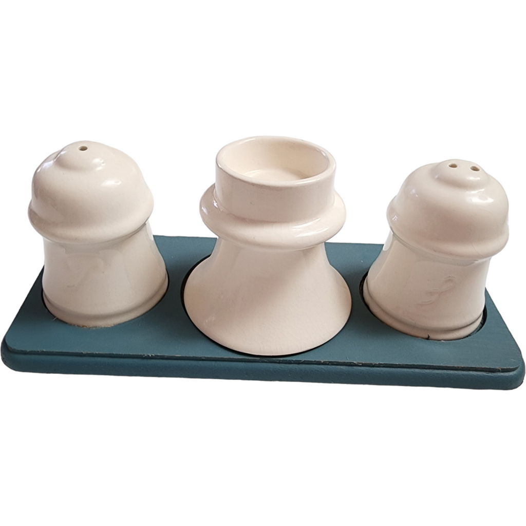 Salt and Pepper Shakers with Lantern and Natural Hardwood Base Set 5 Pc