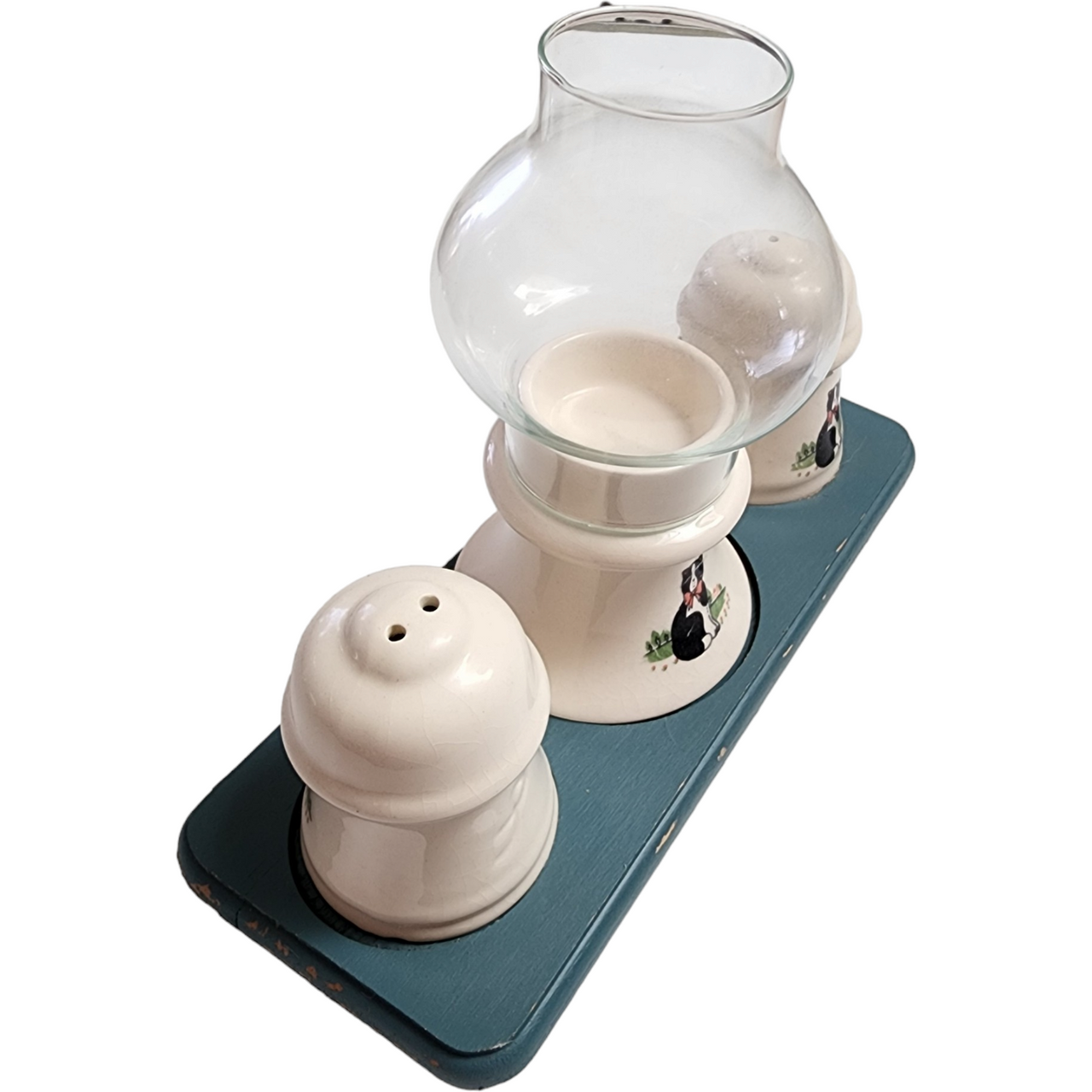 Salt and Pepper Shakers with Lantern and Natural Hardwood Base Set 5 Pc