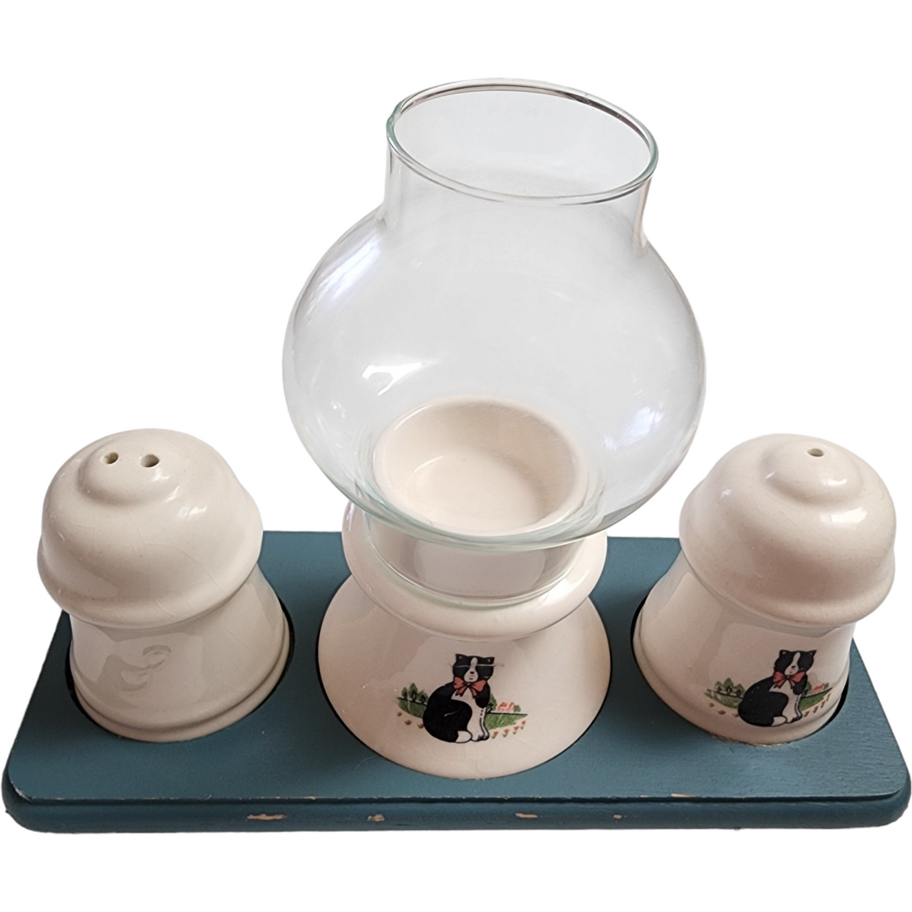 Salt and Pepper Shakers with Lantern and Natural Hardwood Base Set 5 Pc
