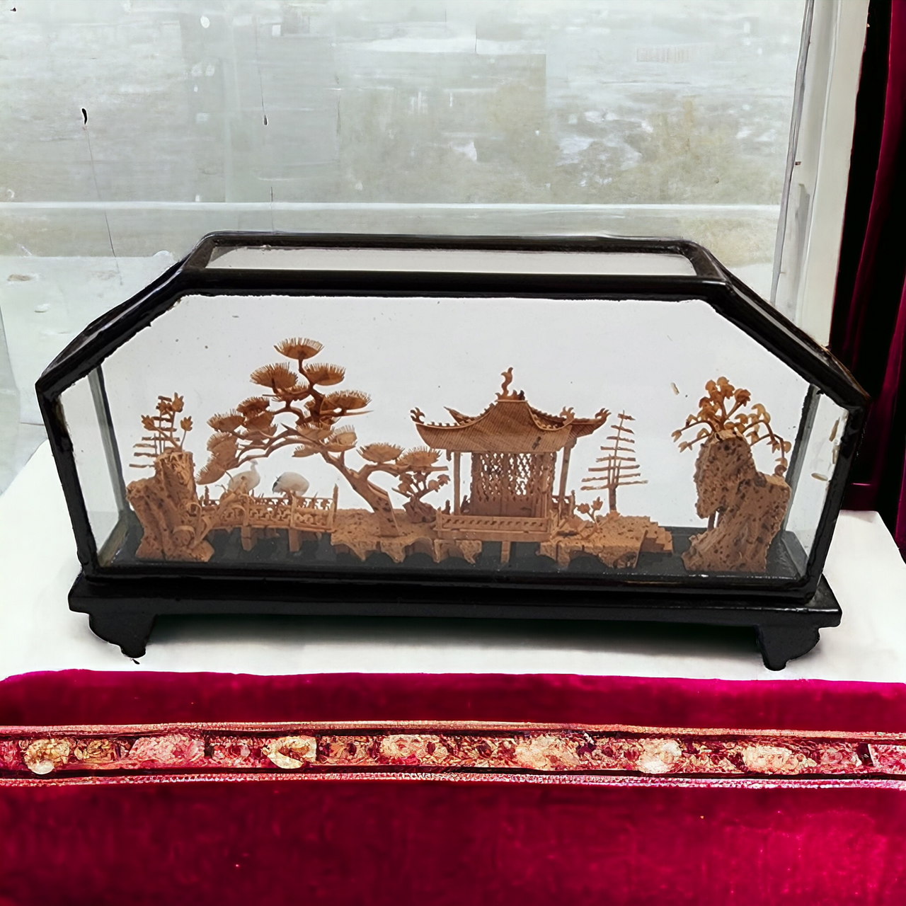San You Chinese Cork Carving Diorama Black Glazed Frame Display