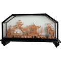 San You Chinese Cork Carving Diorama Black Glazed Frame Display