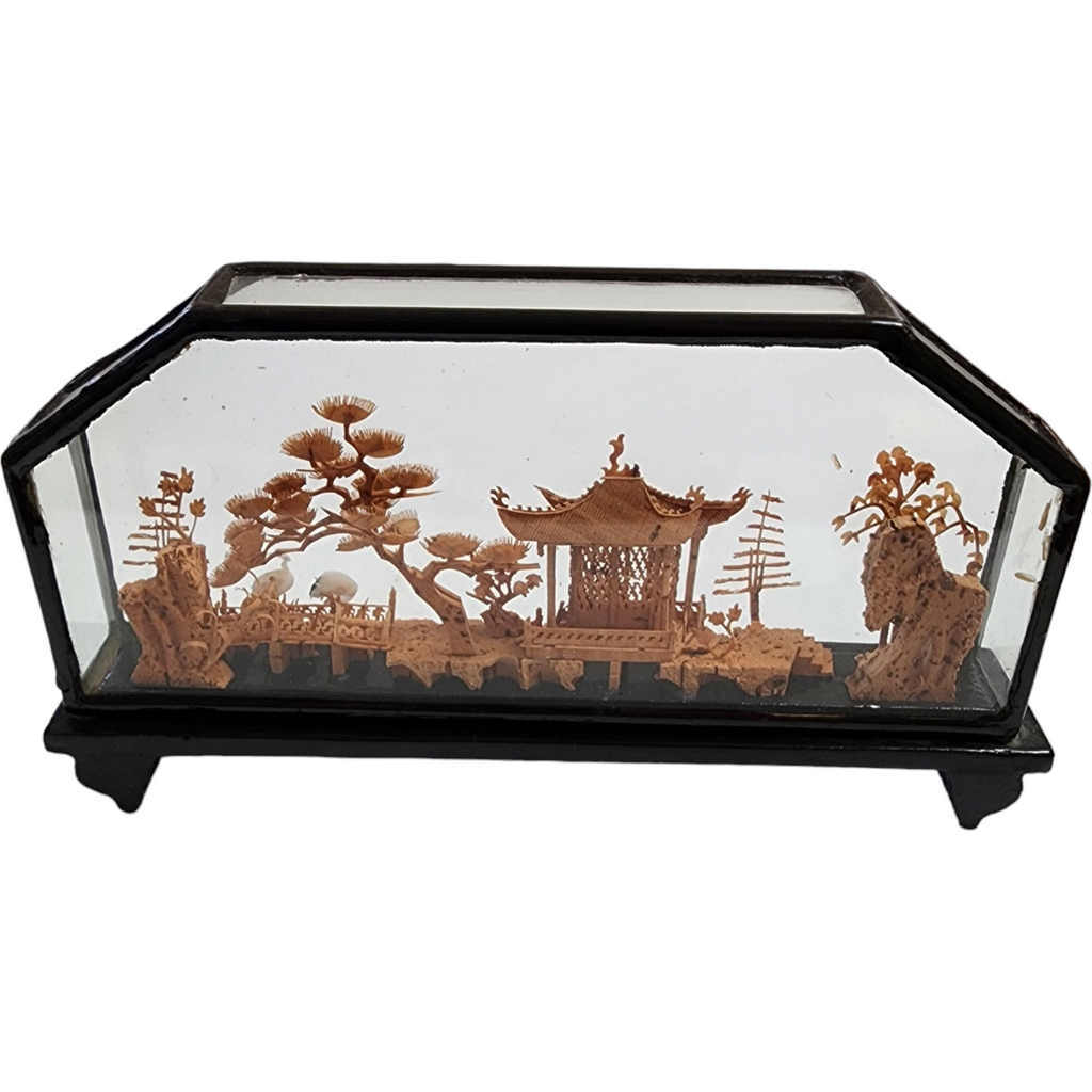 San You Chinese Cork Carving Diorama Black Glazed Frame Display