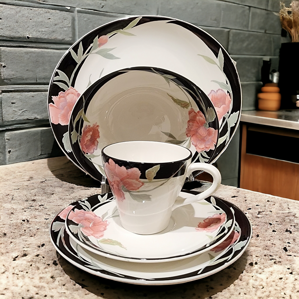 Sango Impression Black, Pink Roses & Gray 5 Piece Place Setting