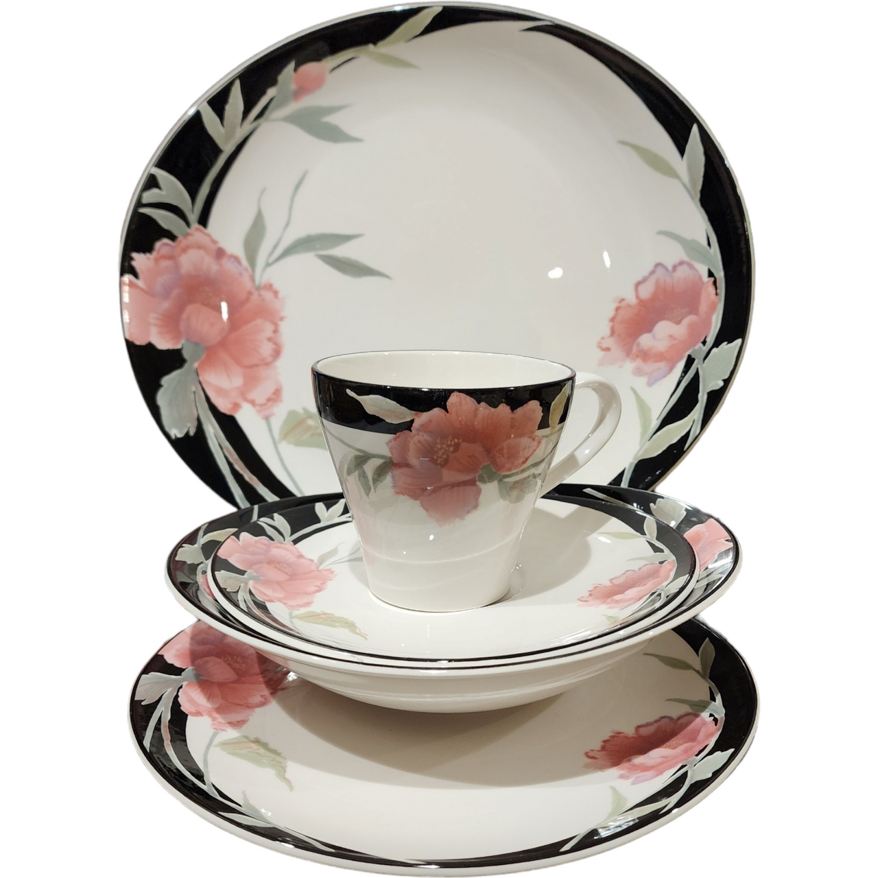 Sango Impression Black, Pink Roses & Gray 5 Piece Place Setting