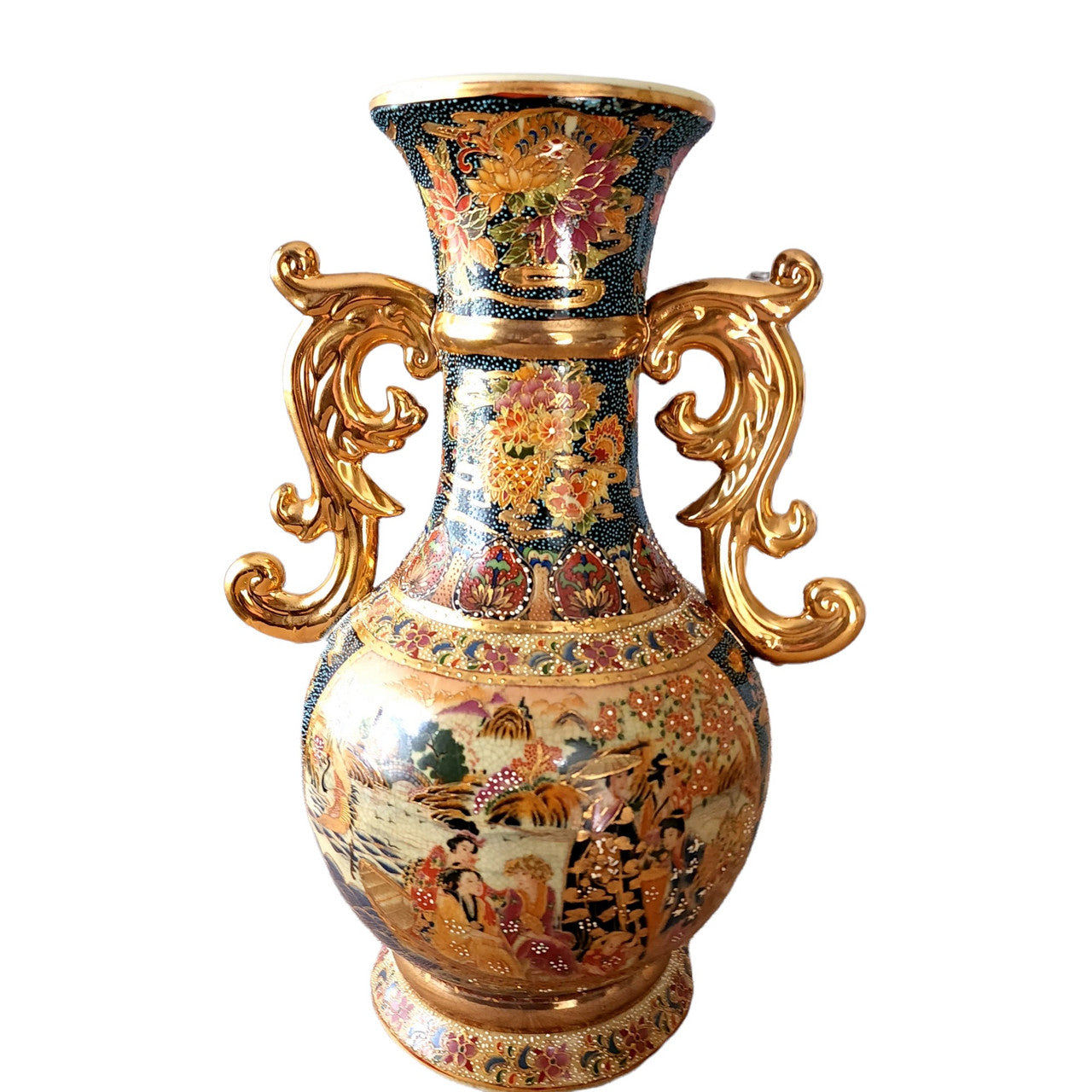 Satsuma Earthenware Gold Gilded Hand Painted Double Handle Vase