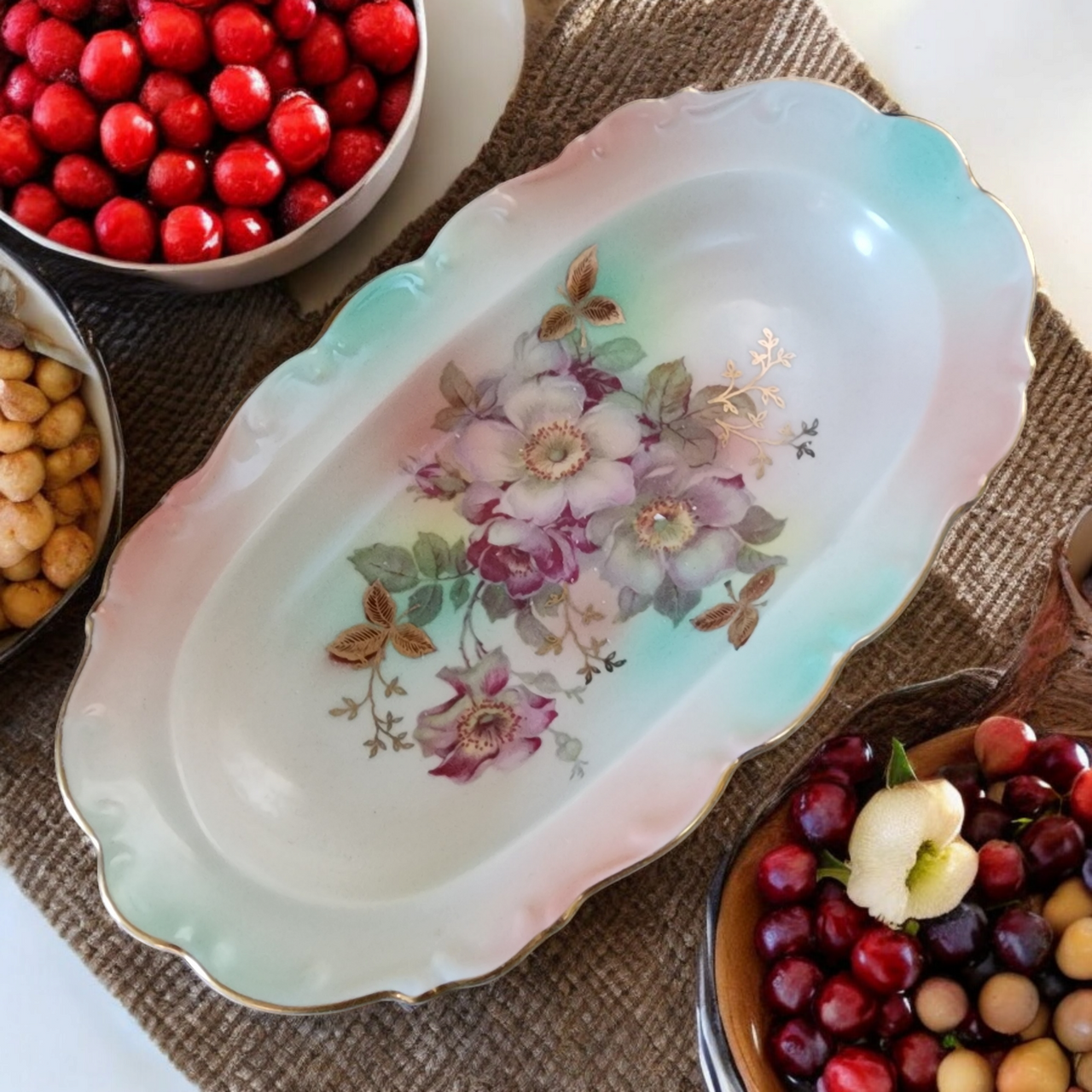 Schumann Bavaria Wild Rose Peach Blush Body Scalloped Embossed Edge Relish Dish