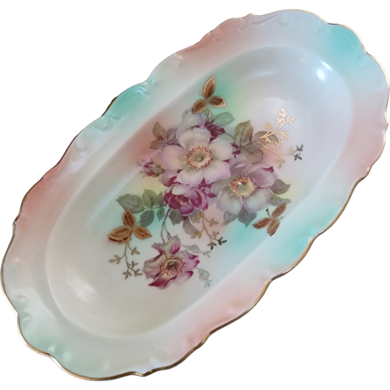 Schumann Bavaria Wild Rose Peach Blush Body Scalloped Embossed Edge Relish Dish