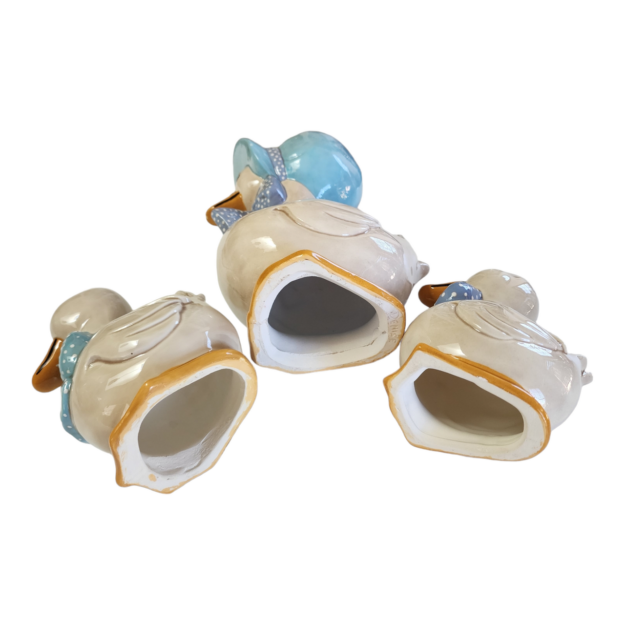 Set of 3 White with Blue Bonnet and Bows Geese Figurines Farmhouse Decor