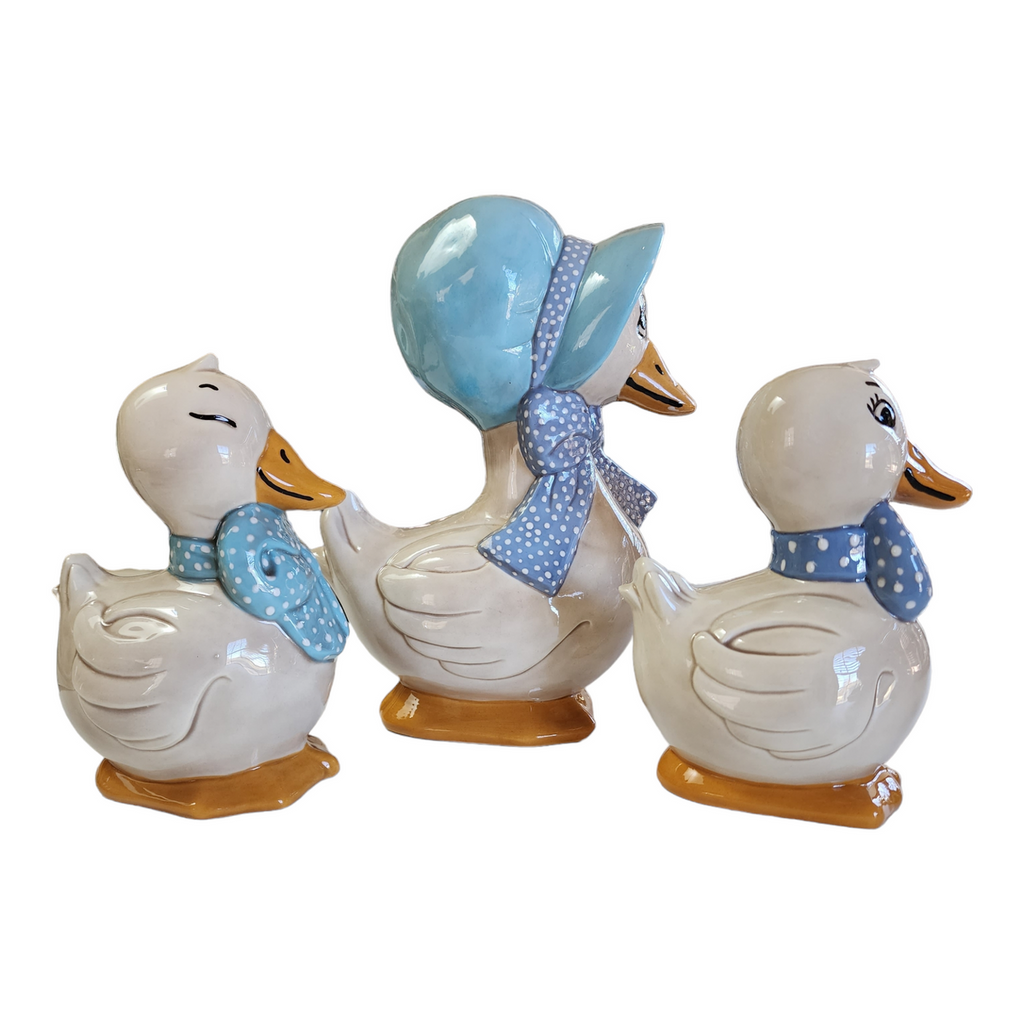 Set of 3 White with Blue Bonnet and Bows Geese Figurines Farmhouse Decor