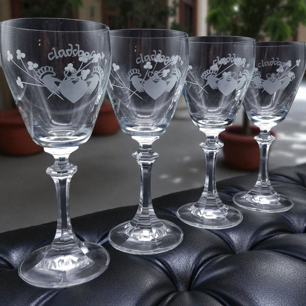 Set of 4 Vintage Duiske Glass Claddagh Crystal Goblets  Irish Shamrock Etched Wine Glasses