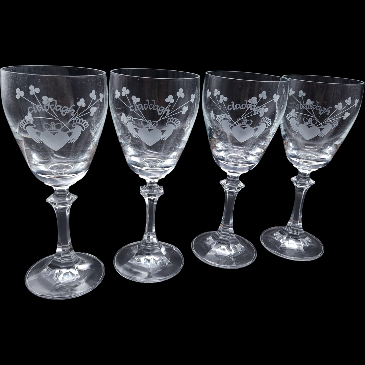 Set of 4 Vintage Duiske Glass Claddagh Crystal Goblets  Irish Shamrock Etched Wine Glasses