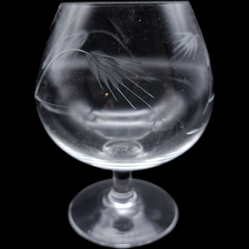 Set of 4 Vintage Etched Crystal Brandy Snifters  Wheat Grass Pattern Mid Century Barware