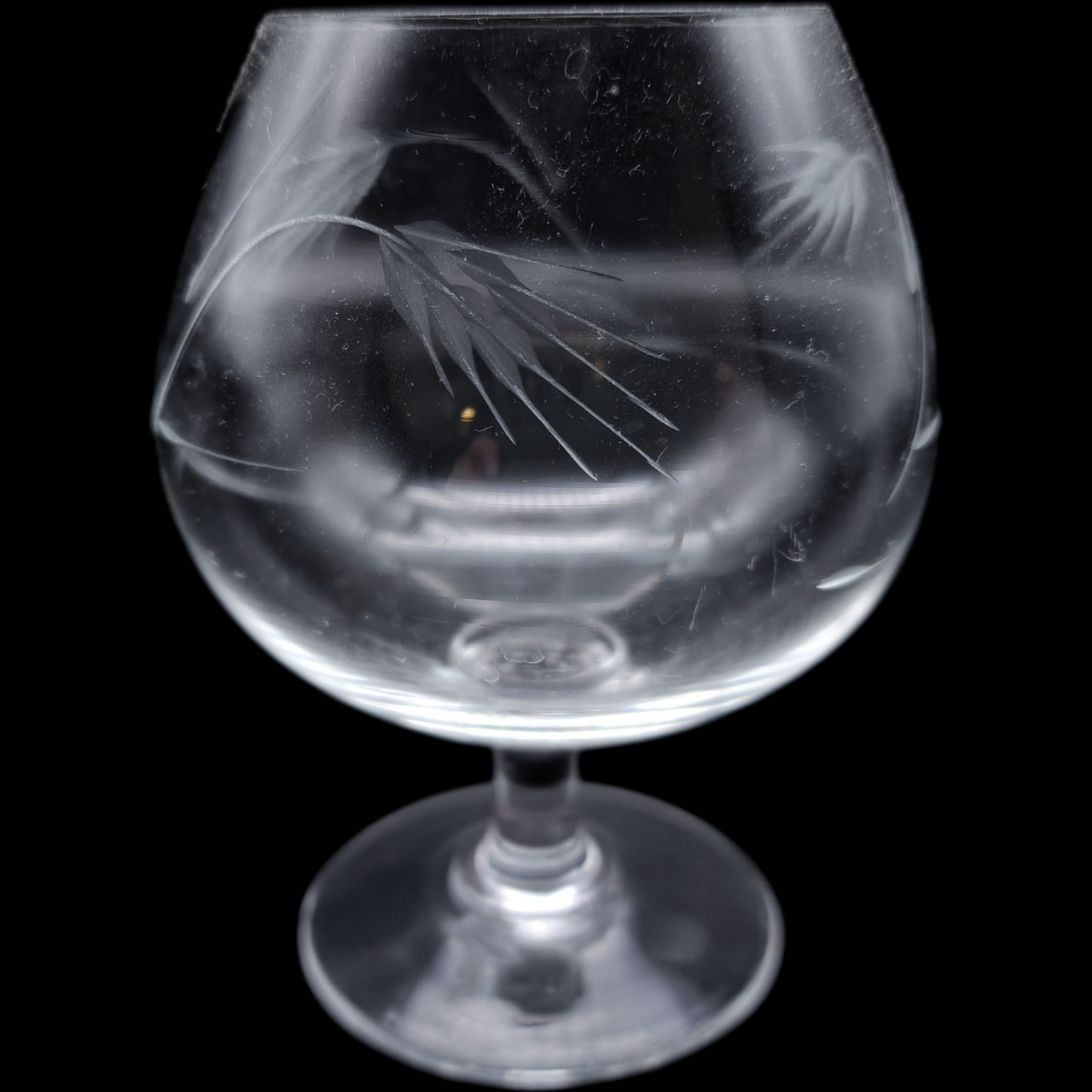Set of 4 Vintage Etched Crystal Brandy Snifters  Wheat Grass Pattern Mid Century Barware