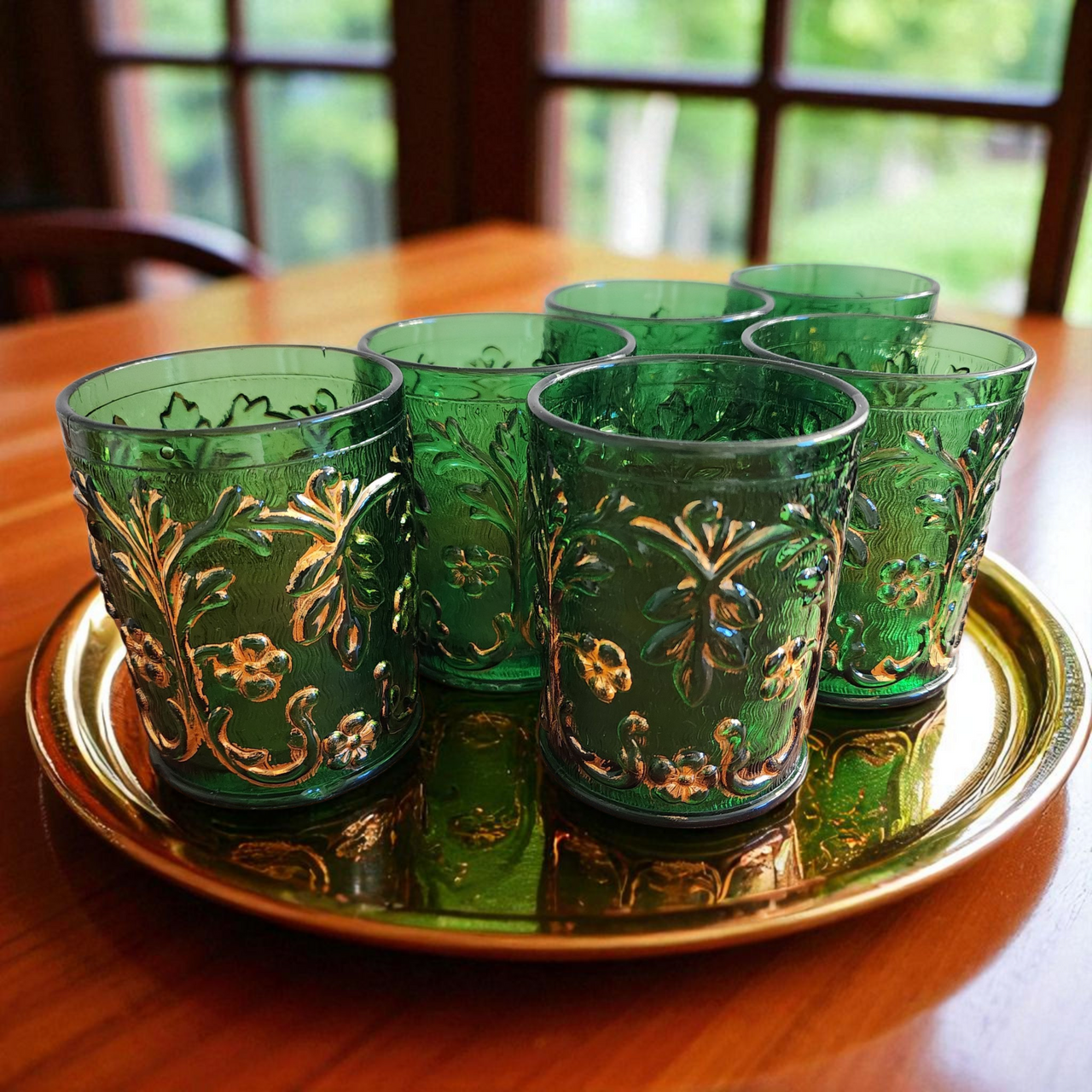 Set of 6 Antique EAPG Green Glass Tumblers w Gold Gilded Leaves & Flowers Pattern c.1890s