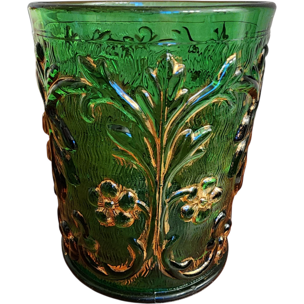 Set of 6 Antique EAPG Green Glass Tumblers w Gold Gilded Leaves & Flowers Pattern c.1890s
