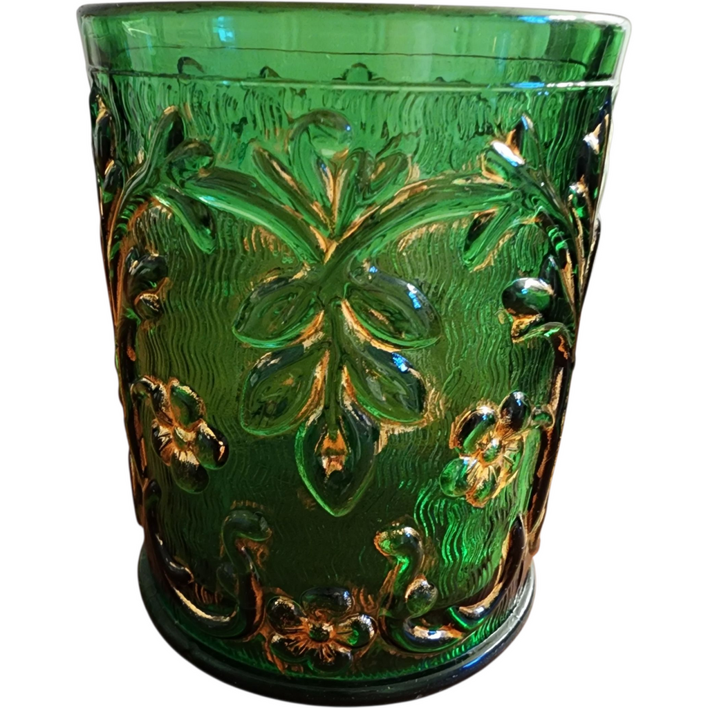 Set of 6 Antique EAPG Green Glass Tumblers w Gold Gilded Leaves & Flowers Pattern c.1890s