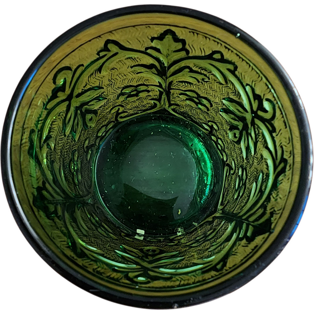 Set of 6 Antique EAPG Green Glass Tumblers w Gold Gilded Leaves & Flowers Pattern c.1890s