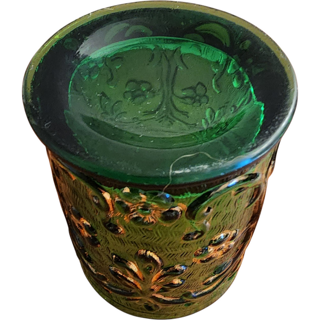 Set of 6 Antique EAPG Green Glass Tumblers w Gold Gilded Leaves & Flowers Pattern c.1890s