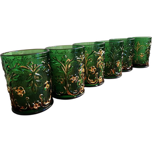 Set of 6 Antique EAPG Green Glass Tumblers w Gold Gilded Leaves & Flowers Pattern c.1890s