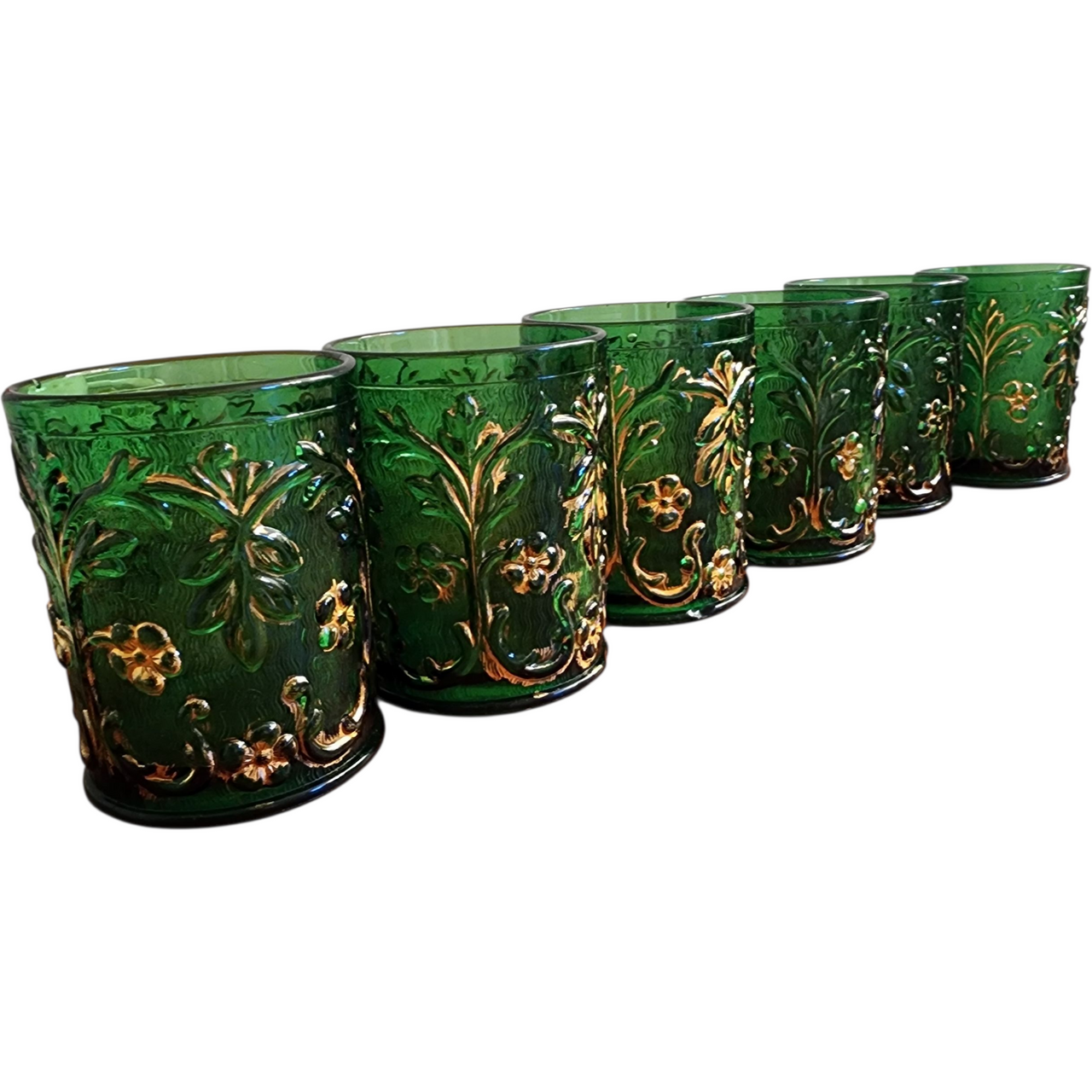 Set of 6 Antique EAPG Green Glass Tumblers w Gold Gilded Leaves & Flowers Pattern c.1890s