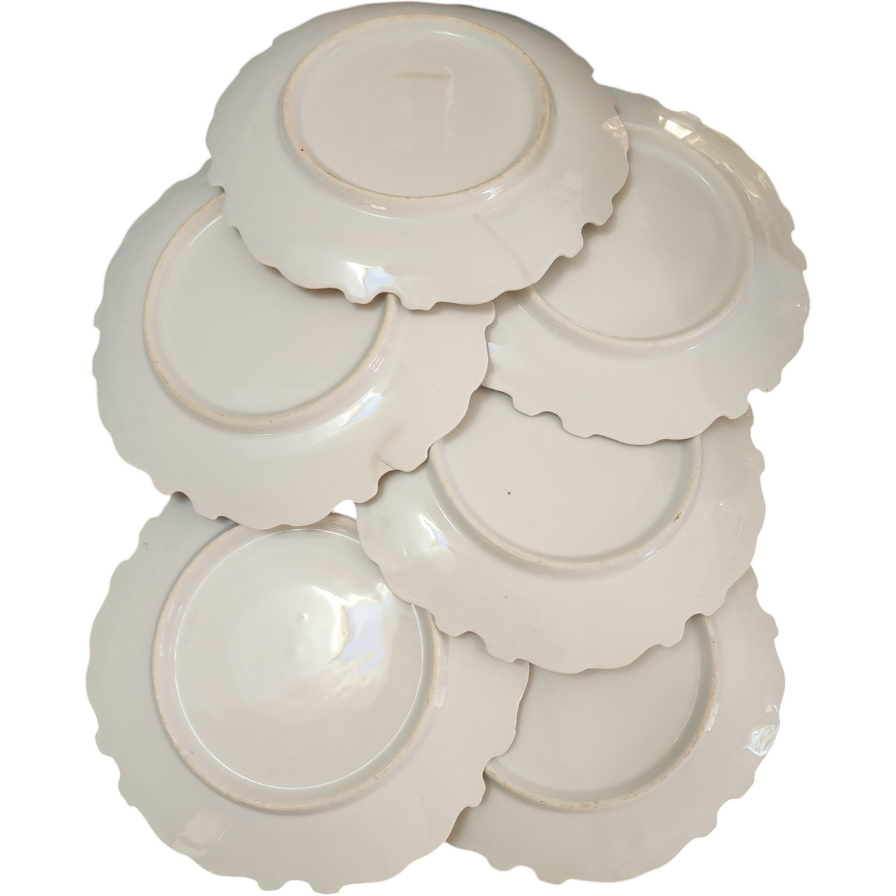 European Porcelain Set of 6 Antique Hand-Painted Scalloped Edges Floral Dessert Plates with Gold Trim