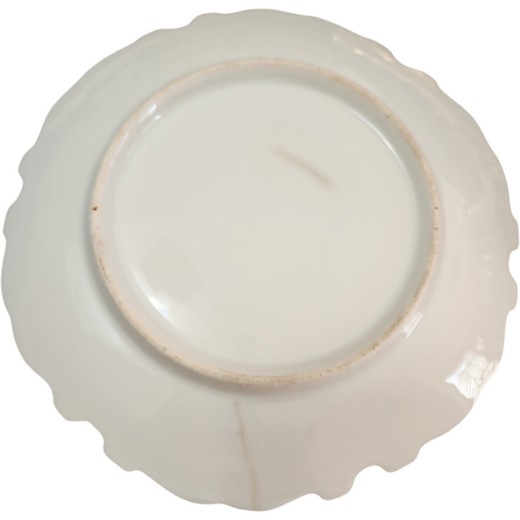 European Porcelain Set of 6 Antique Hand-Painted Scalloped Edges Floral Dessert Plates with Gold Trim