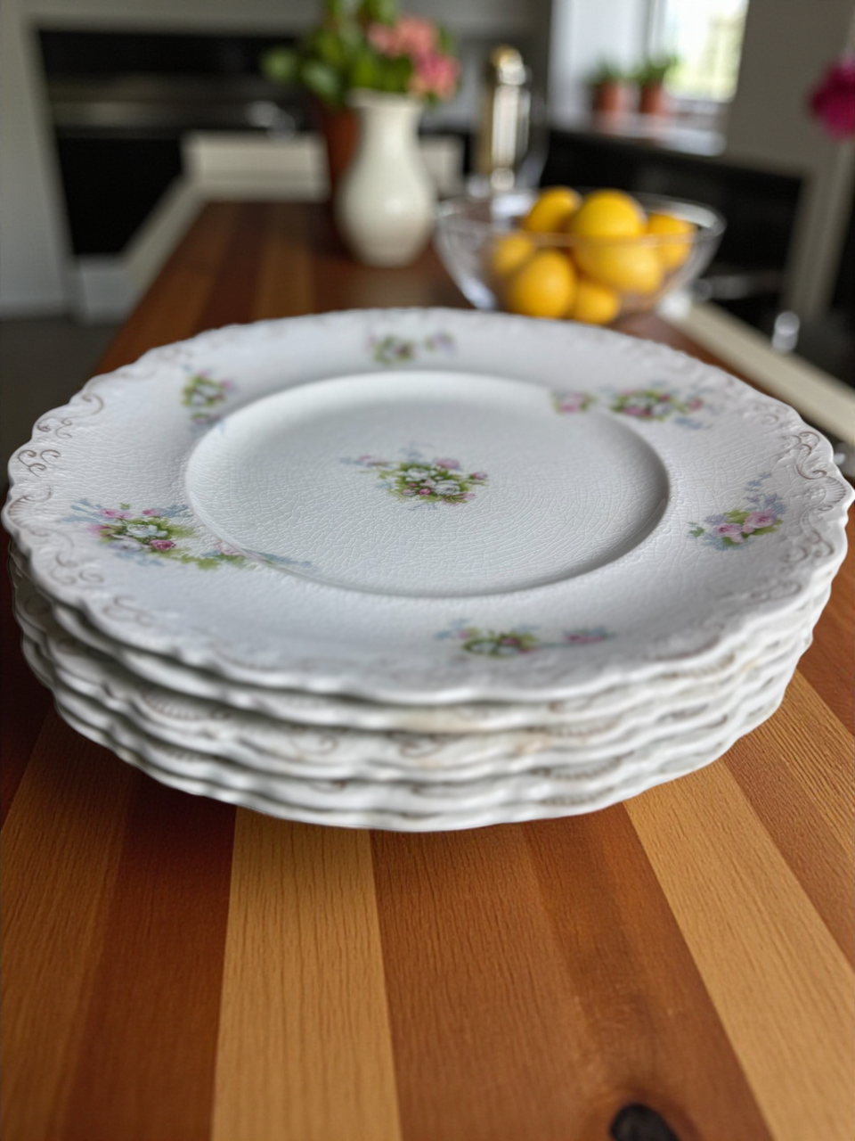 Set of 6 Antique J&G Meakin Hanley England Dinner Plates Floral Transferware with Scalloped Edge Early 1900s Ironstone