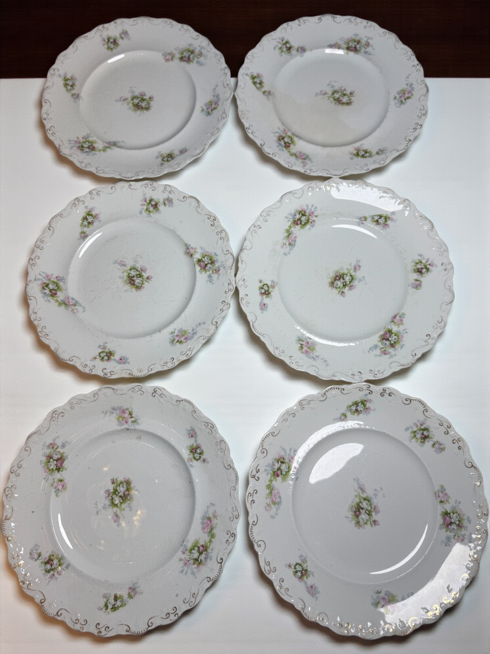 Set of 6 Antique J&G Meakin Hanley England Dinner Plates Floral Transferware with Scalloped Edge Early 1900s Ironstone