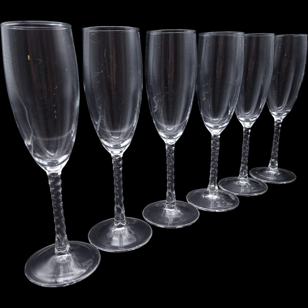 Set of 6 Fleury Cristal D’Arques Durand Champagne Flutes Twisted Stem French Lead Crystal