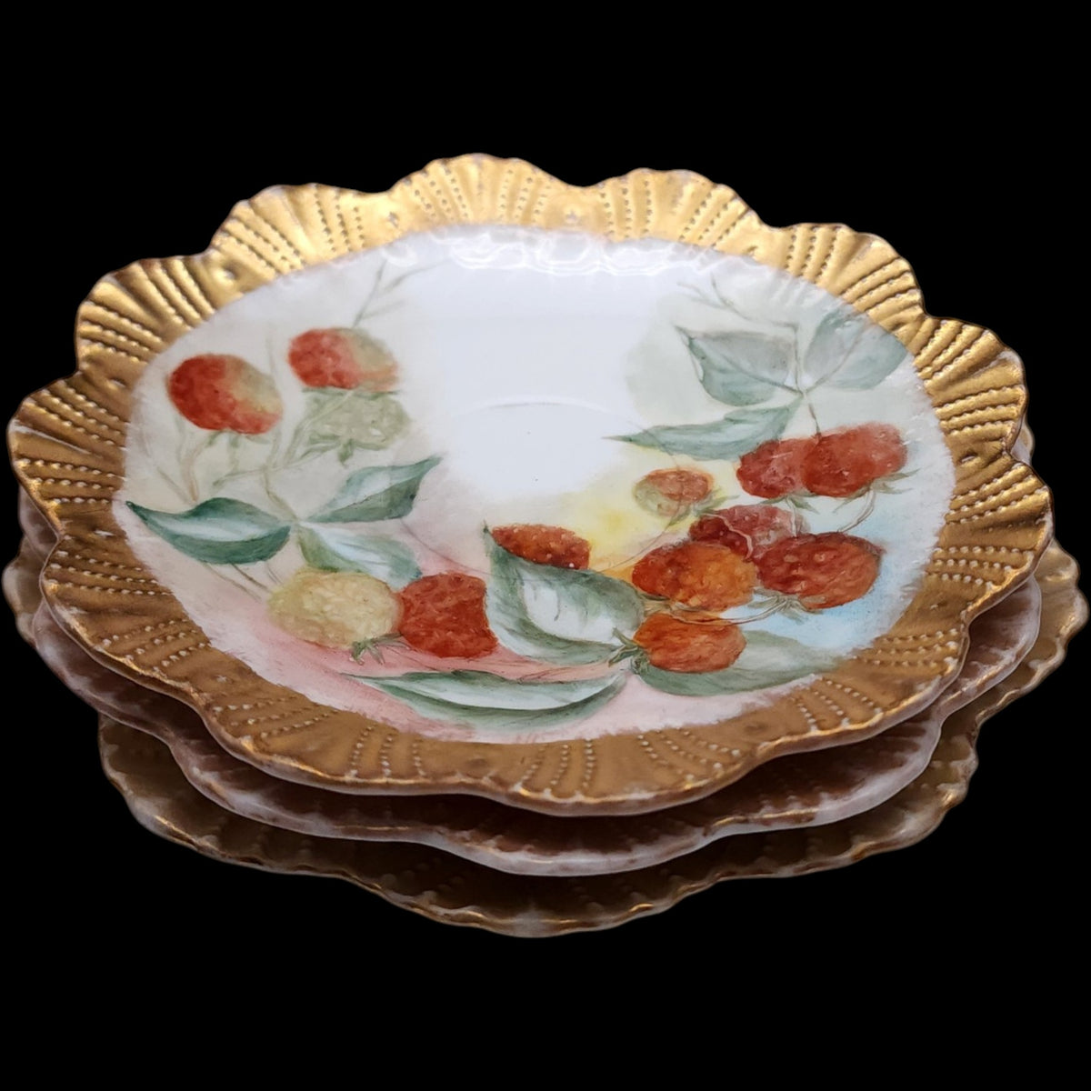 Set of 3 Antique Hand Painted Porcelain Berry Plates Heavy Gold Rim