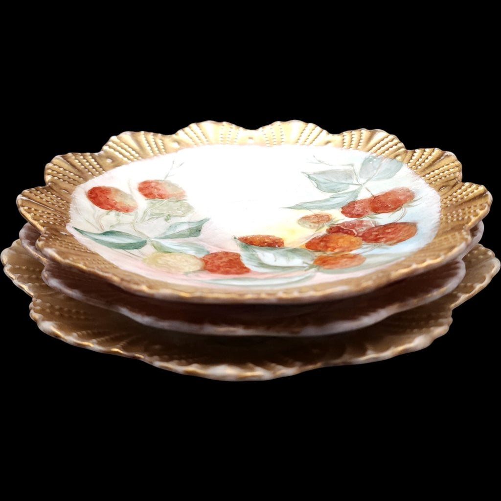 Set of 3 Antique Hand Painted Porcelain Berry Plates Heavy Gold Rim