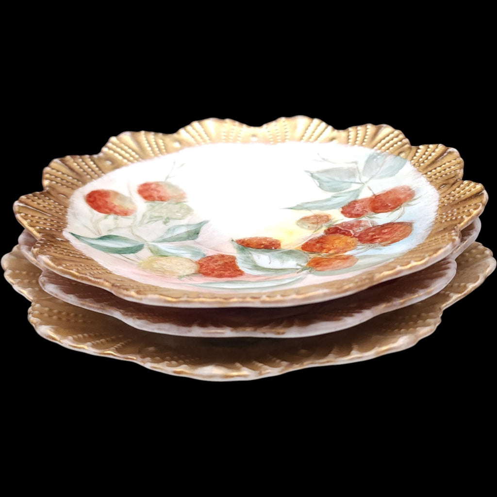 Set of 3 Antique Hand Painted Porcelain Berry Plates Heavy Gold Rim