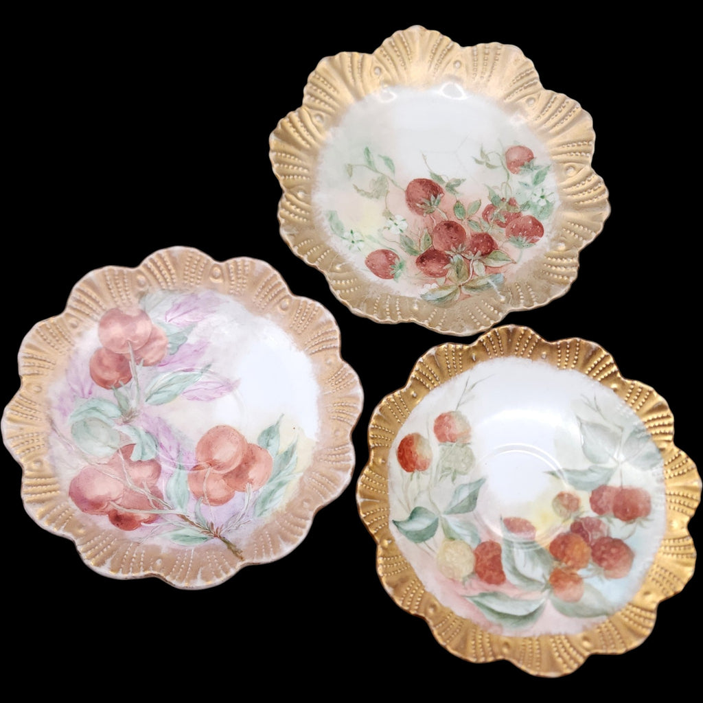 Set of 3 Antique Hand Painted Porcelain Berry Plates Heavy Gold Rim