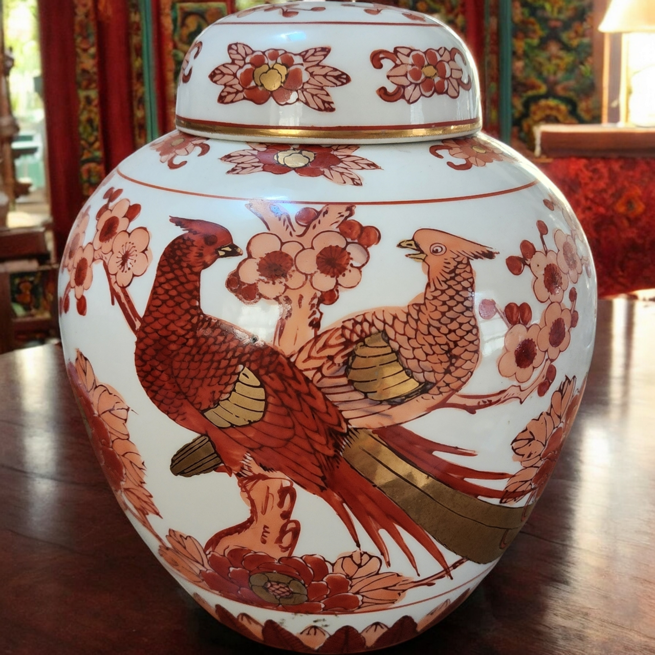 Shibui Ware 22K Gold Cherry Blossom & Pheasant Bird Ginger Jar Vase