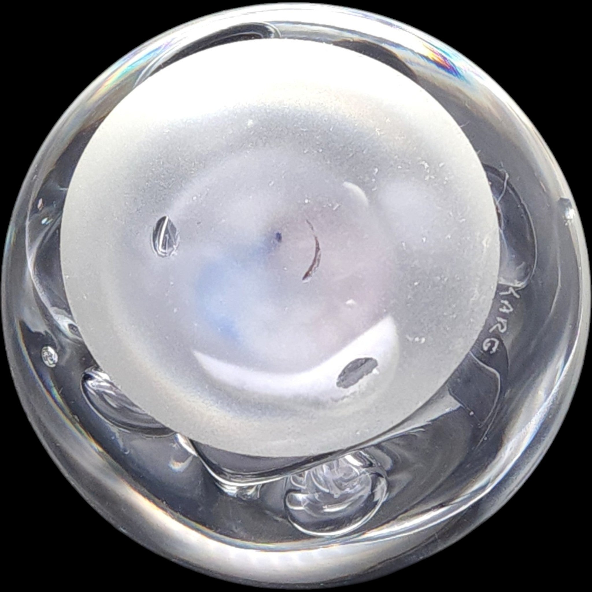 Signed Rollin Karg Studio Art Glass Paperweight Clear Swirl Sphere