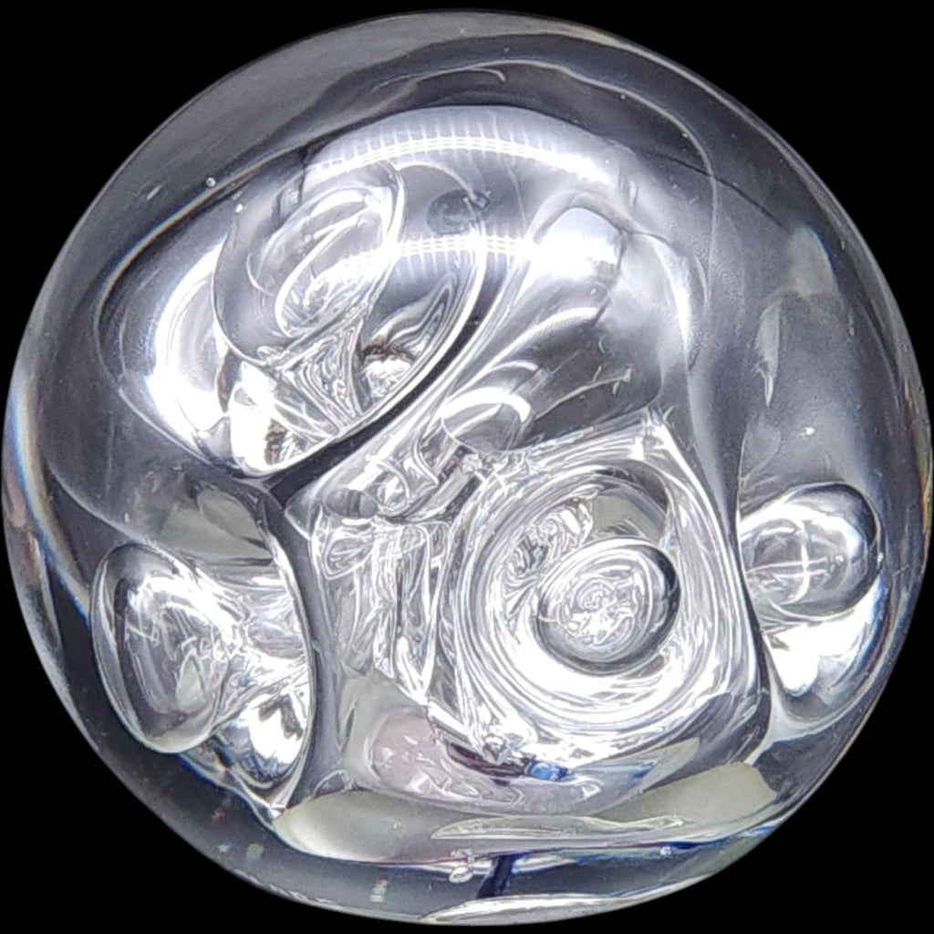 Signed Rollin Karg Studio Art Glass Paperweight Clear Swirl Sphere