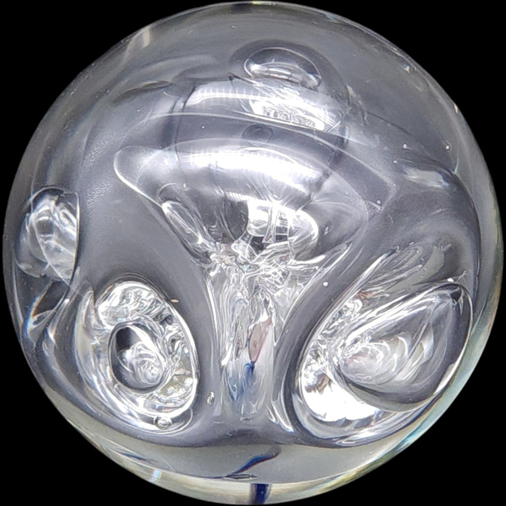 Signed Rollin Karg Studio Art Glass Paperweight Clear Swirl Sphere